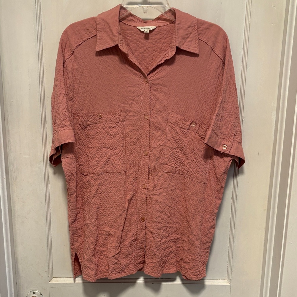 Max Studio Rose Gold Blush Pink Button-Up Short Sleeve Shirt Large